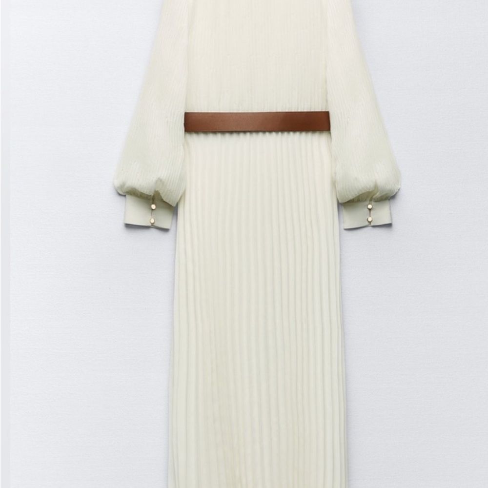 Zara Cream Long Sleeve Pleated Dress - Picture 5 of 8